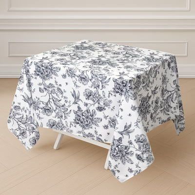 Polyester Square Tablecloth 70"x70" White with Black French Toile Pattern - Sophisticated Table Cover for Chic Weddings & Events