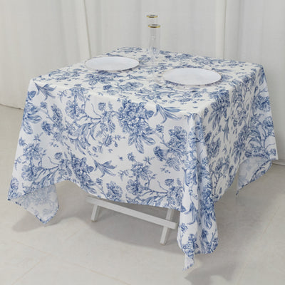 Polyester Square Tablecloth  70"x70" White with Blue French Toile Pattern - Sophisticated Table Cover for Chic Weddings & Events