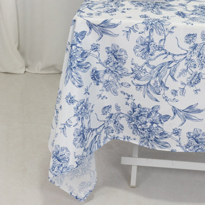 Polyester Square Tablecloth  70"x70" White with Blue French Toile Pattern - Sophisticated Table Cover for Chic Weddings & Events