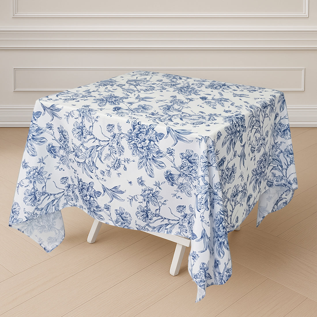 White Blue French Toile Polyester Square Tablecloth 70x70inch