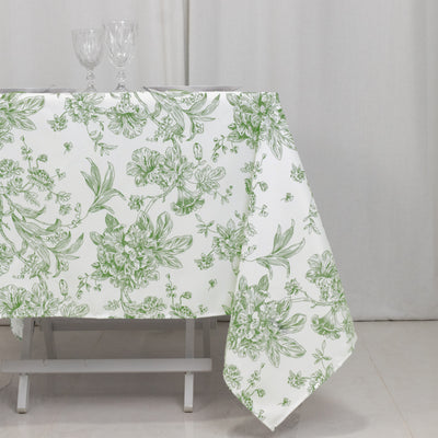 Polyester Square Tablecloth 70"x70" White with Dusty Sage Green French Toile Pattern - Sophisticated Table Cover for Chic Weddings & Events