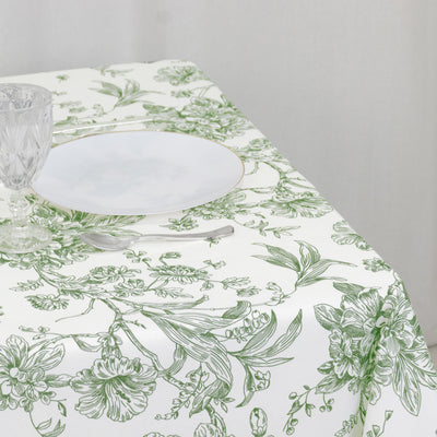 Polyester Square Tablecloth 70"x70" White with Dusty Sage Green French Toile Pattern - Sophisticated Table Cover for Chic Weddings & Events