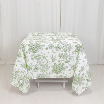 Polyester Square Tablecloth 70"x70" White with Dusty Sage Green French Toile Pattern - Sophisticated Table Cover for Chic Weddings & Events
