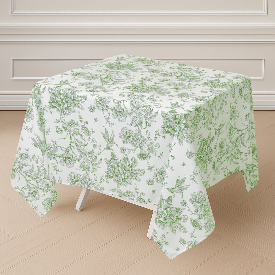 Polyester Square Tablecloth White with Dusty Sage Green French Toile Pattern - Sophisticated