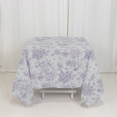 Polyester Square Tablecloth 70"x70" White with Lavender Lilac French Toile Pattern - Sophisticated Table Cover for Chic Weddings & Events
