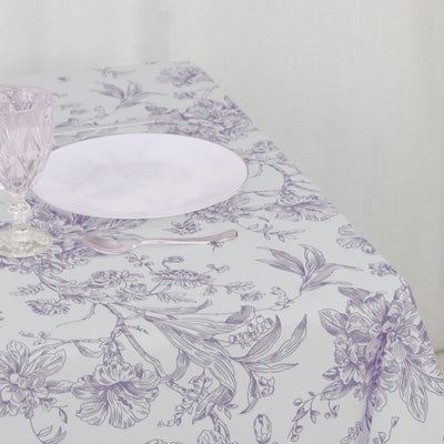 Polyester Square Tablecloth 70"x70" White with Lavender Lilac French Toile Pattern - Sophisticated Table Cover for Chic Weddings & Events