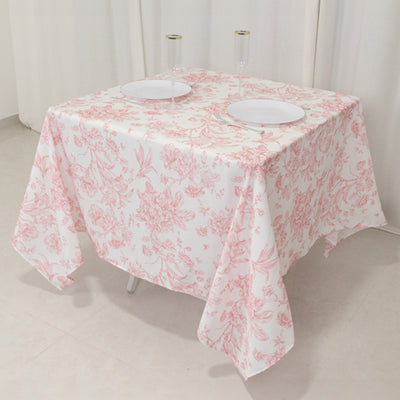 Polyester Square Tablecloth  70"x70" White with Pink French Toile Pattern - Sophisticated Table Cover for Chic Weddings & Events