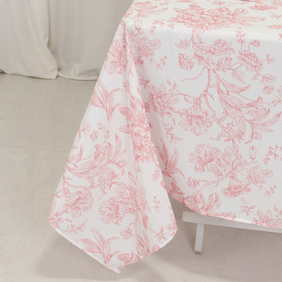 Polyester Square Tablecloth  70"x70" White with Pink French Toile Pattern - Sophisticated Table Cover for Chic Weddings & Events
