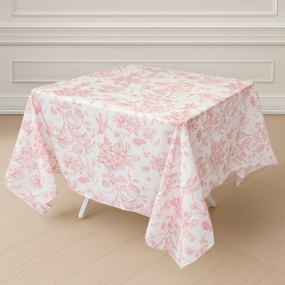 Polyester Square Tablecloth  70"x70" White with Pink French Toile Pattern - Sophisticated Table Cover for Chic Weddings & Events