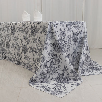 Polyester Rectangular Tablecloth 90"x132" White with Black French Toile Pattern - Sophisticated Seamless Table Cover for Chic Weddings & Events
