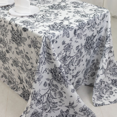 Polyester Rectangular Tablecloth 90"x132" White with Black French Toile Pattern - Sophisticated Seamless Table Cover for Chic Weddings & Events