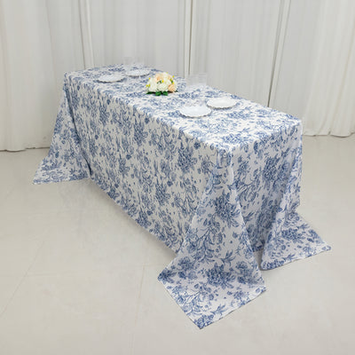 Polyester Rectangular Tablecloth 90"x132" White with Blue French Toile Pattern - Sophisticated Seamless Table Cover for Chic Weddings & Events