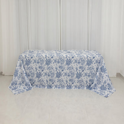 Polyester Rectangular Tablecloth 90"x132" White with Blue French Toile Pattern - Sophisticated Seamless Table Cover for Chic Weddings & Events