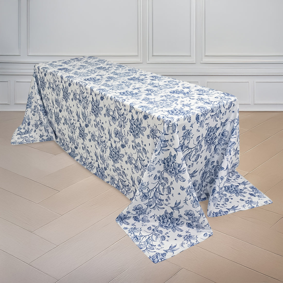 White Blue French Toile Polyester Tablecloth 90x132inch, Seamless Floral Rectangle Table Cover