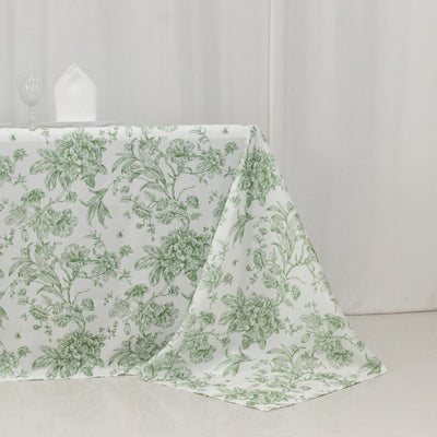 Polyester Rectangular Tablecloth 90"x132" White with Dusty Sage Green French Toile Pattern - Sophisticated Seamless Table Cover for Chic Weddings & Events