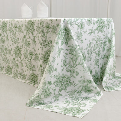 Polyester Rectangular Tablecloth 90"x132" White with Dusty Sage Green French Toile Pattern - Sophisticated Seamless Table Cover for Chic Weddings & Events
