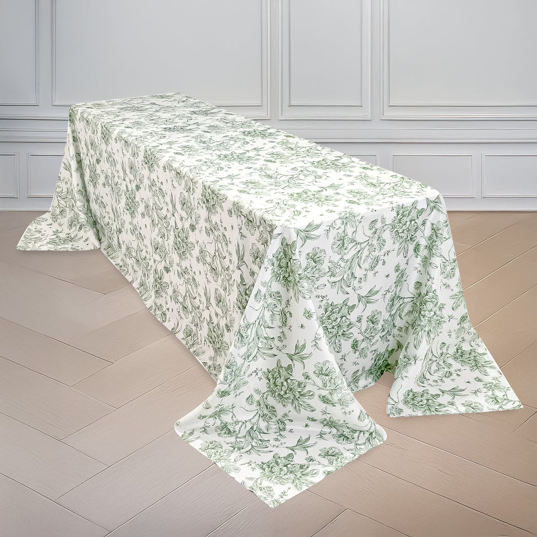 Polyester Rectangular Tablecloth 90x132inch White with Dusty Sage Green French Toile Pattern