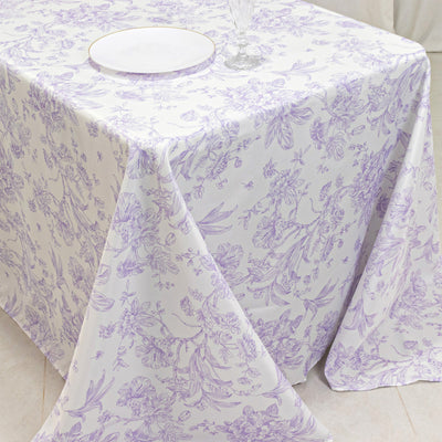 Polyester Rectangular Tablecloth 90"x132" White with Lavender Lilac French Toile Pattern - Sophisticated Seamless Table Cover for Chic Weddings & Events