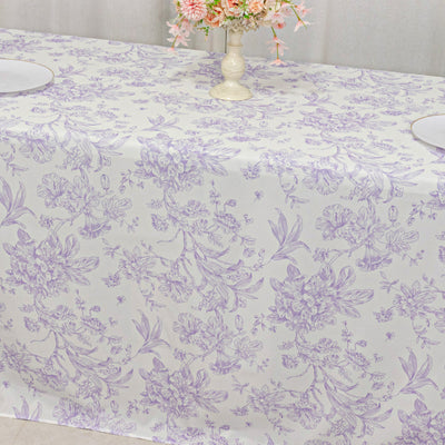 Polyester Rectangular Tablecloth 90"x132" White with Lavender Lilac French Toile Pattern - Sophisticated Seamless Table Cover for Chic Weddings & Events