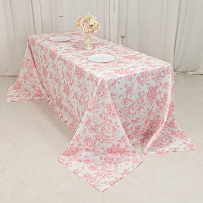 Polyester Rectangular Tablecloth 90"x132" White with Pink French Toile Pattern - Sophisticated Seamless Table Cover for Chic Weddings & Events