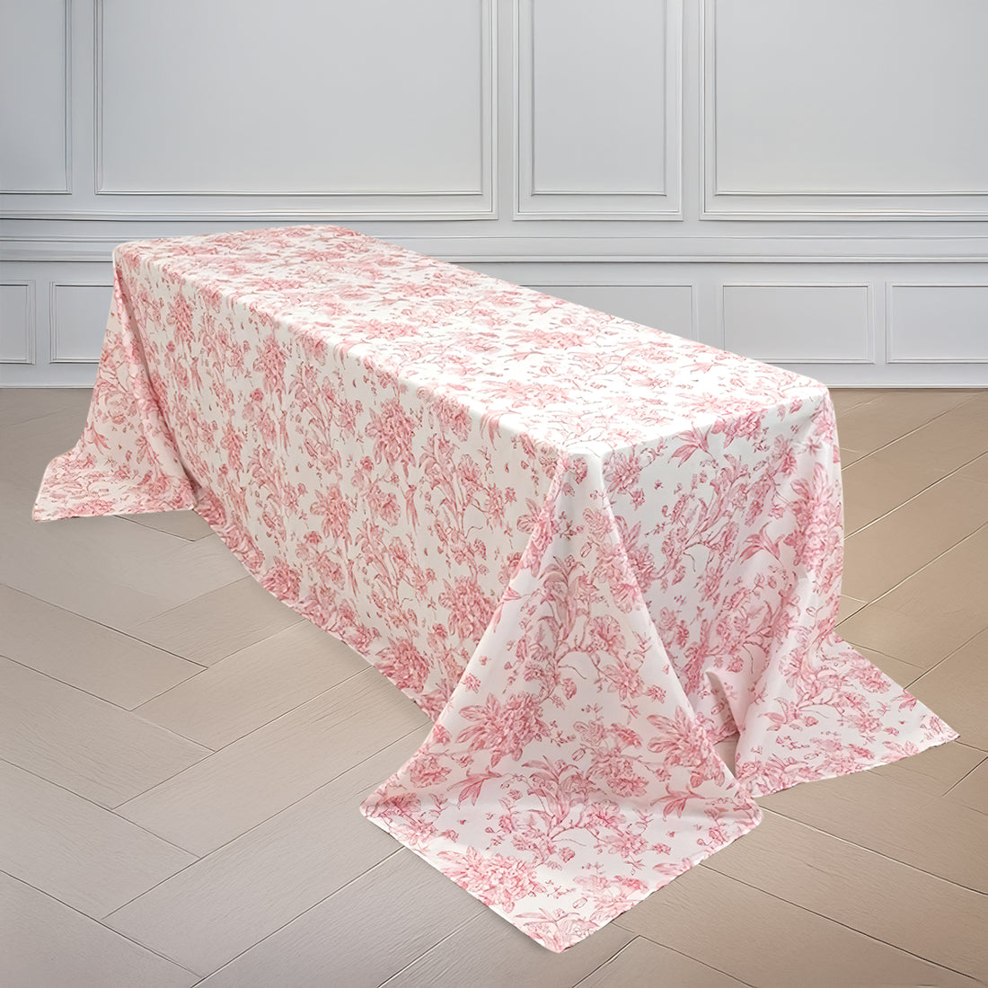 White Pink French Toile Polyester Tablecloth 90x132inch, Seamless Floral Rectangle Table