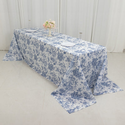Polyester Rectangular Tablecloth 90"x156" White with Blue French Toile Pattern - Sophisticated Seamless Table Cover for Chic Weddings & Events