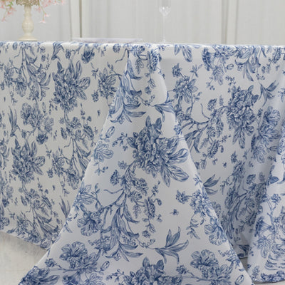 Polyester Rectangular Tablecloth 90"x156" White with Blue French Toile Pattern - Sophisticated Seamless Table Cover for Chic Weddings & Events