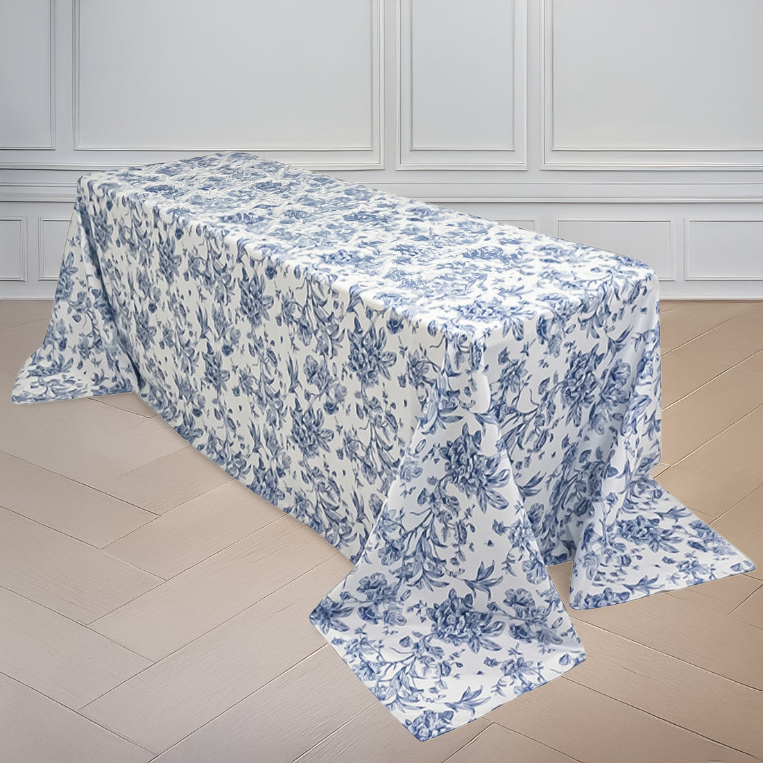 White Blue French Toile Polyester Tablecloth 90x156inch, Seamless Floral Rectangle Table Cover