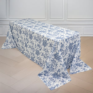 Polyester Rectangular Tablecloth 90"x156" White with Blue French Toile Pattern - Sophisticated Seamless Table Cover for Chic Weddings & Events