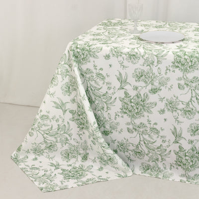 Polyester Rectangular Tablecloth 90"x156" White with Dusty Sage Green French Toile Pattern - Sophisticated Seamless Table Cover for Chic Weddings & Events