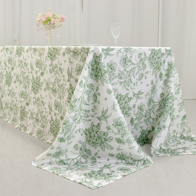Polyester Rectangular Tablecloth 90"x156" White with Dusty Sage Green French Toile Pattern - Sophisticated Seamless Table Cover for Chic Weddings & Events