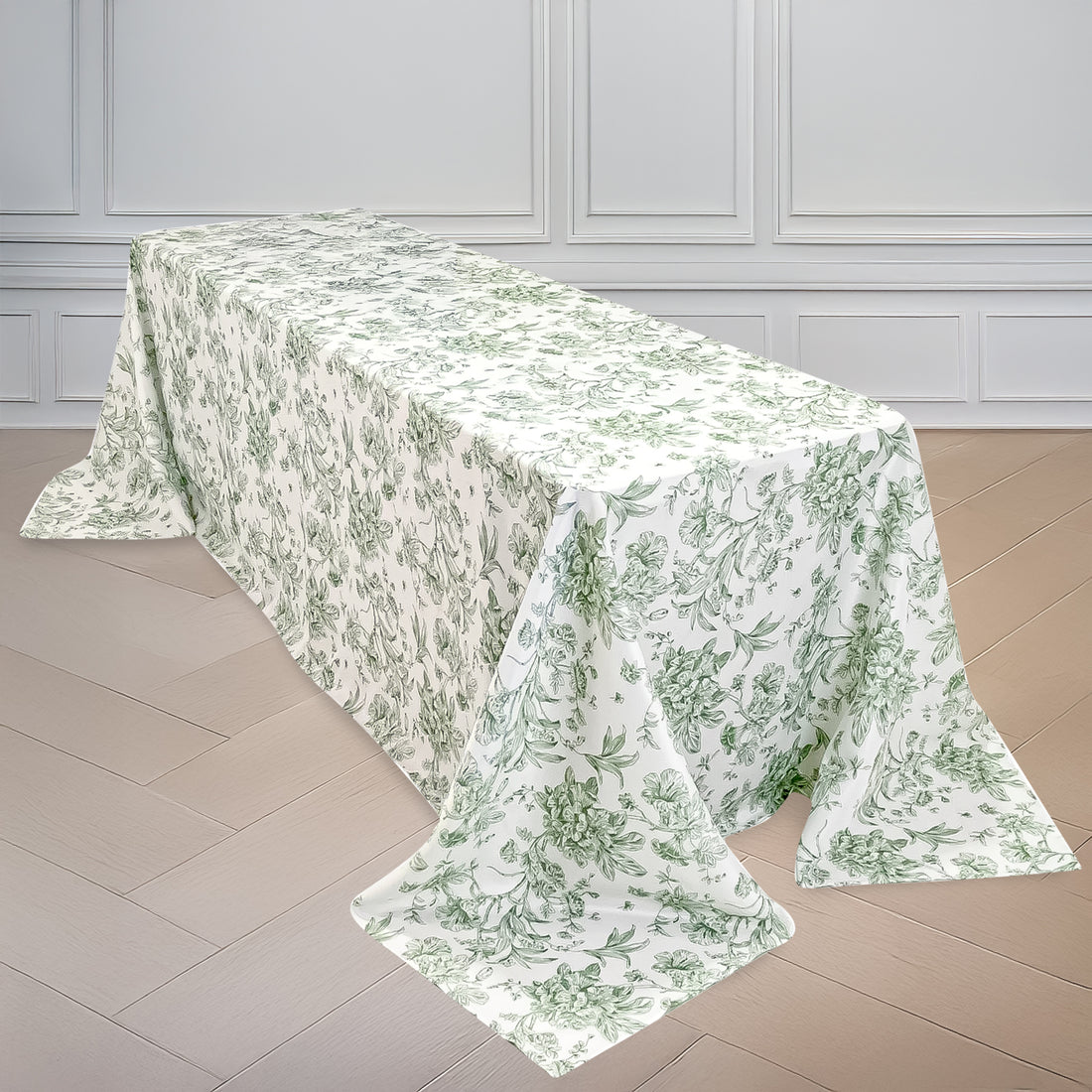 Polyester Rectangular Tablecloth 90x156inch White with Dusty Sage Green French Toile Pattern