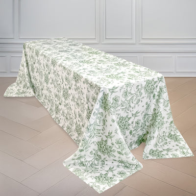 Polyester Rectangular Tablecloth 90"x156" White with Dusty Sage Green French Toile Pattern - Sophisticated Seamless Table Cover for Chic Weddings & Events