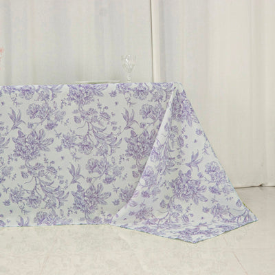 Polyester Rectangular Tablecloth 90"x156" White with Lavender Lilac French Toile Pattern - Sophisticated Seamless Table Cover for Chic Weddings & Events