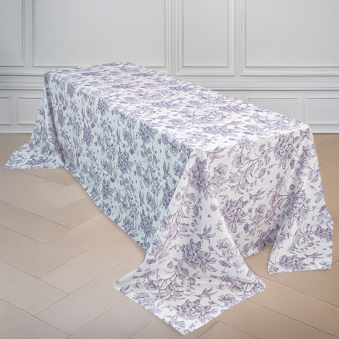 Polyester Rectangular Tablecloth 90x156inch White with Lavender Lilac French Toile Pattern