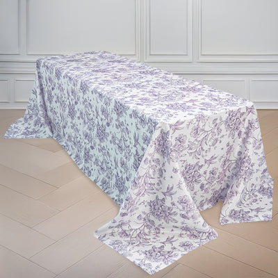 Polyester Rectangular Tablecloth 90"x156" White with Lavender Lilac French Toile Pattern - Sophisticated Seamless Table Cover for Chic Weddings & Events