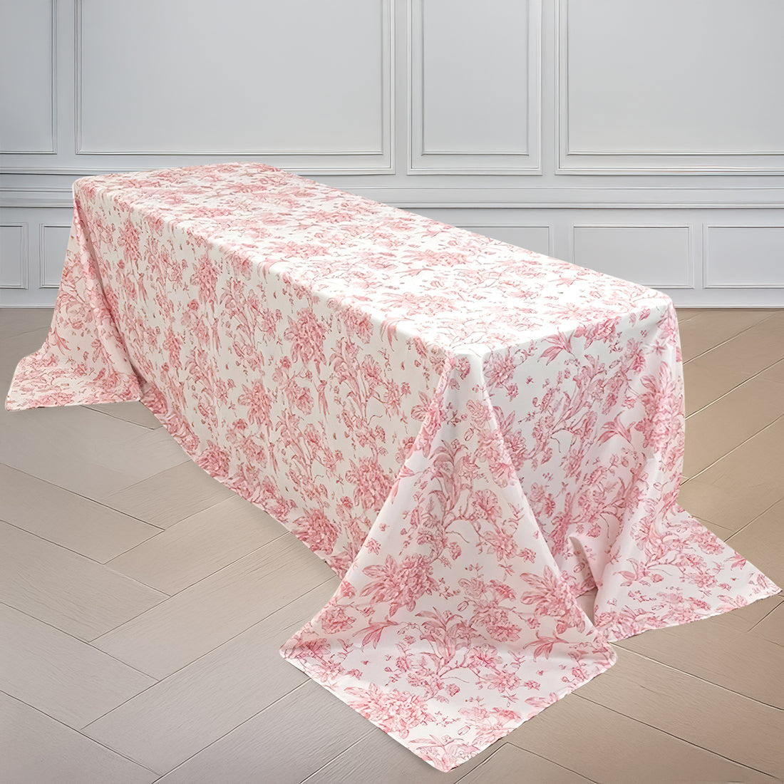 White Pink French Toile Polyester Tablecloth 90x156inch, Seamless Floral Rectangle Table Cover