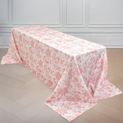 Polyester Rectangular Tablecloth 90"x156" White with Pink French Toile Pattern - Sophisticated Seamless Table Cover for Chic Weddings & Events
