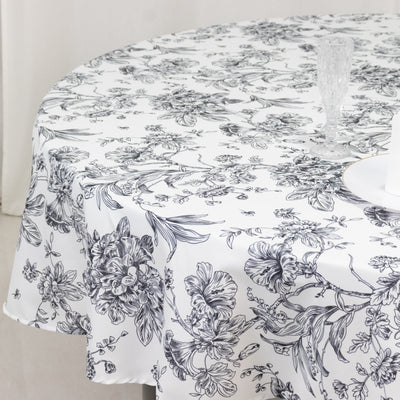 Polyester Round Tablecloth 90" White with Black French Toile Pattern - Sophisticated Table Cover for Chic Weddings & Events
