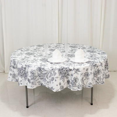 Polyester Round Tablecloth 90" White with Black French Toile Pattern - Sophisticated Table Cover for Chic Weddings & Events