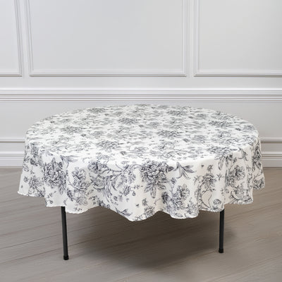 Polyester Round Tablecloth 90" White with Black French Toile Pattern - Sophisticated Table Cover for Chic Weddings & Events