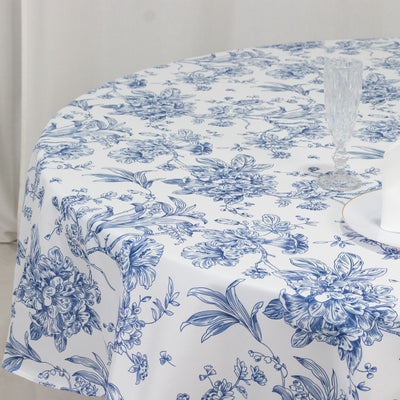 Polyester Round Tablecloth 90" White with Blue French Toile Pattern - Sophisticated Table Cover for Chic Weddings & Events