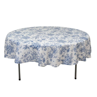 Polyester Round Tablecloth 90" White with Blue French Toile Pattern - Sophisticated Table Cover for Chic Weddings & Events