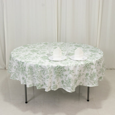 Polyester Round Tablecloth 90" White with Dusty Sage Green French Toile Pattern - Sophisticated Table Cover for Chic Weddings & Events