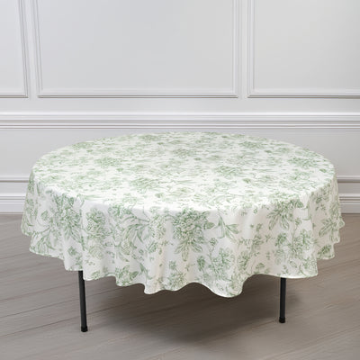 Polyester Round Tablecloth 90" White with Dusty Sage Green French Toile Pattern - Sophisticated Table Cover for Chic Weddings & Events