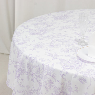 Polyester Round Tablecloth 90" White with Lavender Lilac French Toile Pattern - Sophisticated Table Cover for Chic Weddings & Events