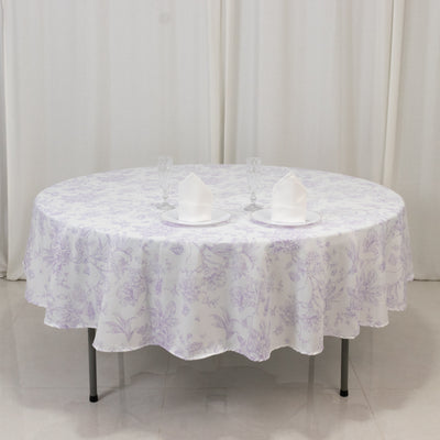 Polyester Round Tablecloth 90" White with Lavender Lilac French Toile Pattern - Sophisticated Table Cover for Chic Weddings & Events