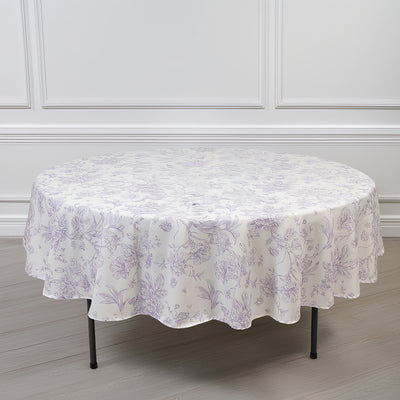 Polyester Round Tablecloth 90" White with Lavender Lilac French Toile Pattern - Sophisticated Table Cover for Chic Weddings & Events