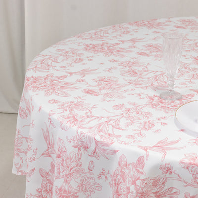 Polyester Round Tablecloth 90" White with Pink French Toile Pattern - Sophisticated Table Cover for Chic Weddings & Events
