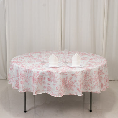 Polyester Round Tablecloth 90" White with Pink French Toile Pattern - Sophisticated Table Cover for Chic Weddings & Events